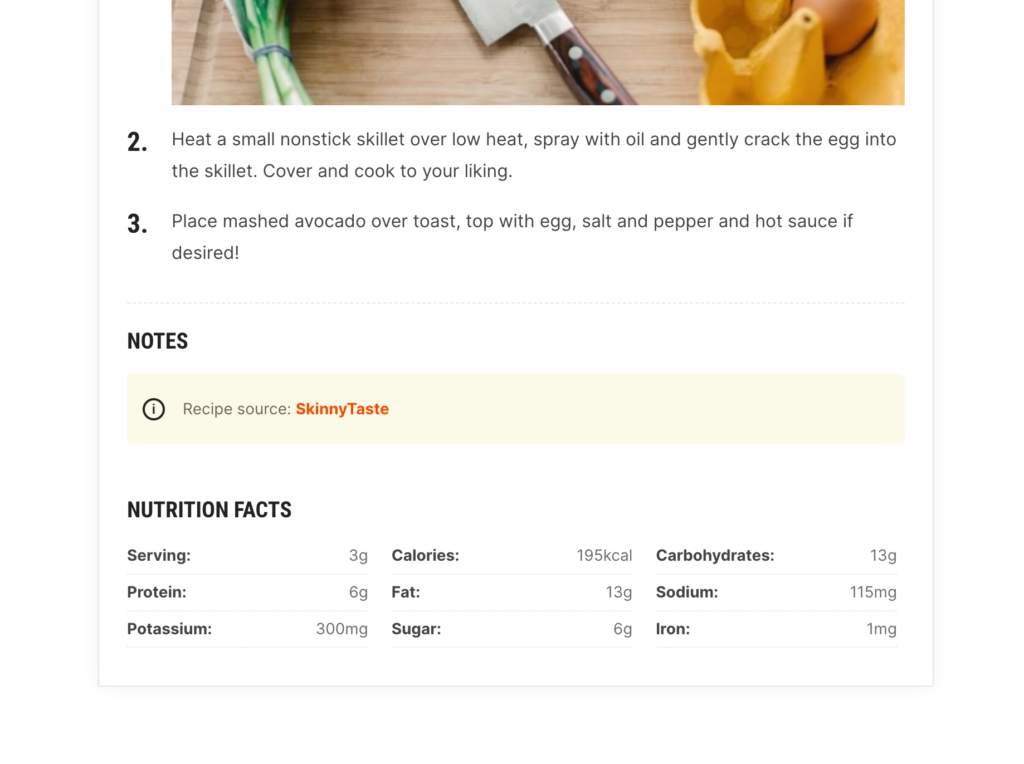 Nutrition Facts Section in the Recipe Block