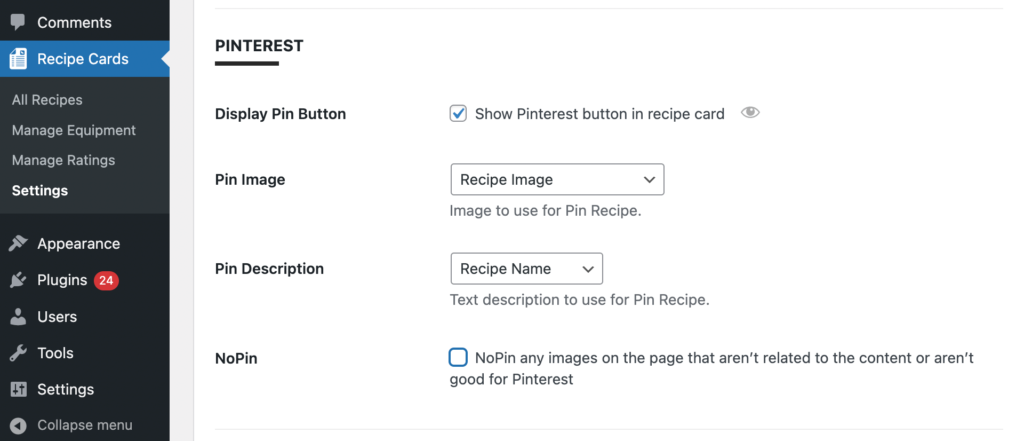 Recipe Cards Pinterest settings