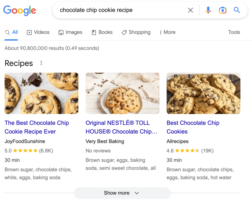 Search results for a chocolate ship cookie recipe, showing recipe-specific structured data
