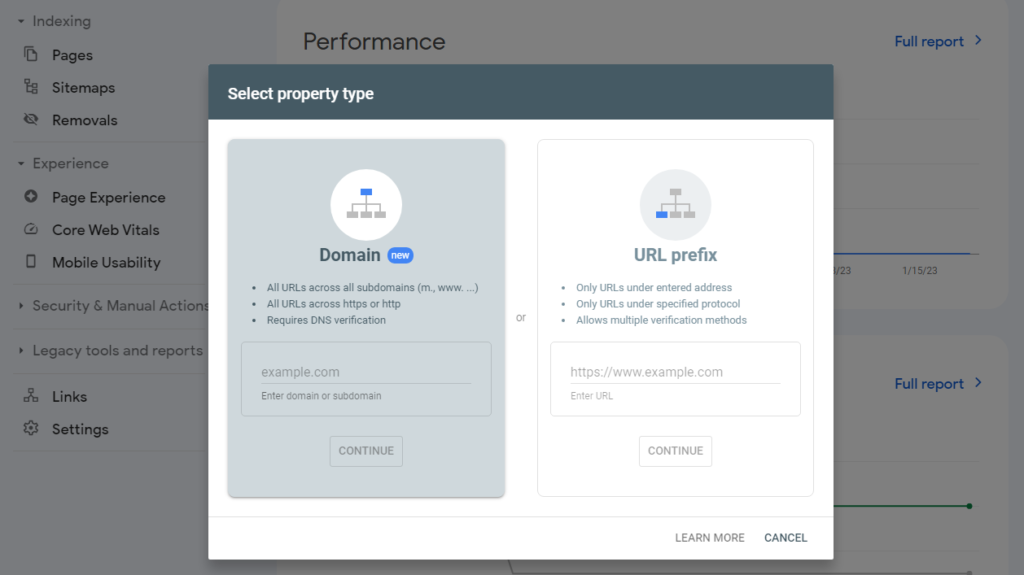 Selecting a property type in Search Console